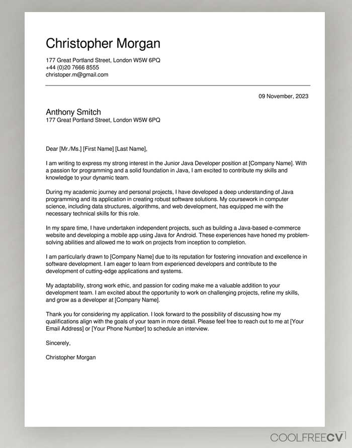 example cover letter for job
